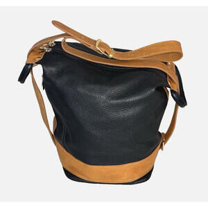 Valentina Black Tan Convertible Bucket Bag Italian Pebbled Leather Large Purse